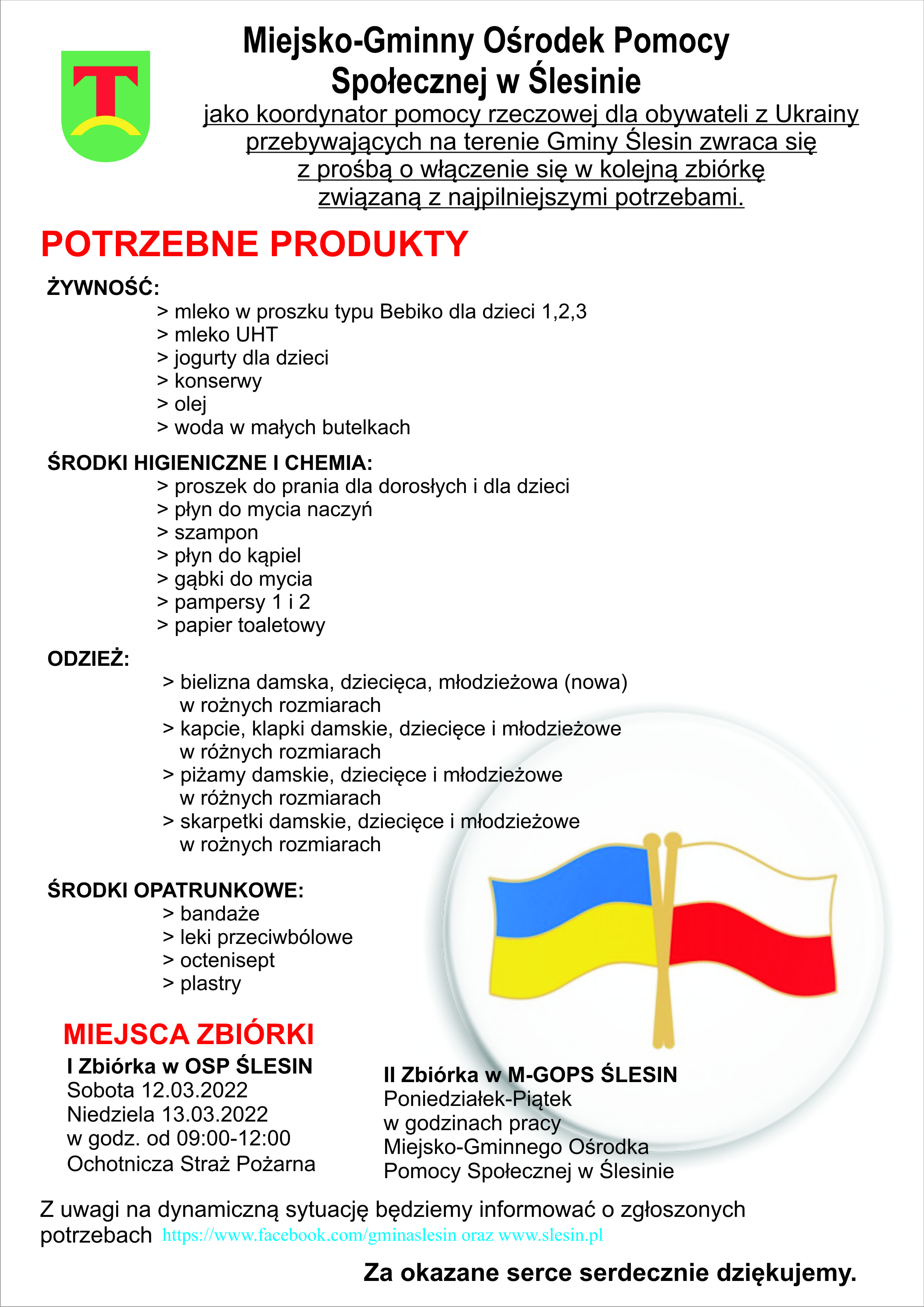 Plakat z lista potrzeb dla uchodźców z Ukrainy.